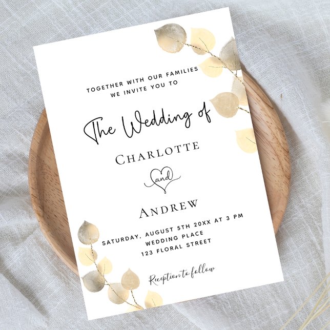 Wedding golden eucalyptus white gold invitation postcard (Creator Uploaded)