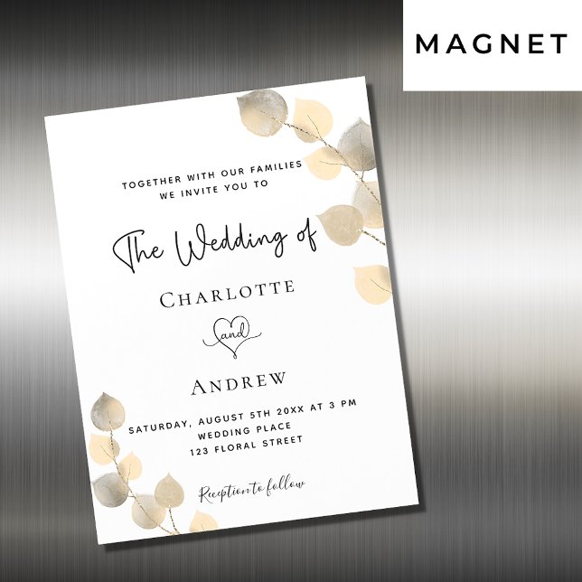 Wedding golden eucalyptus white gold luxury magnetic invitation (Creator Uploaded)