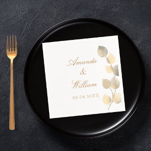 Wedding golden eucalyptus white napkin