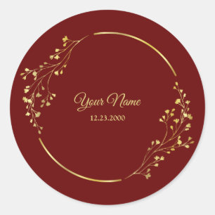 Wedding Golden Floral Geometric Wreath Red Party Classic Round Sticker