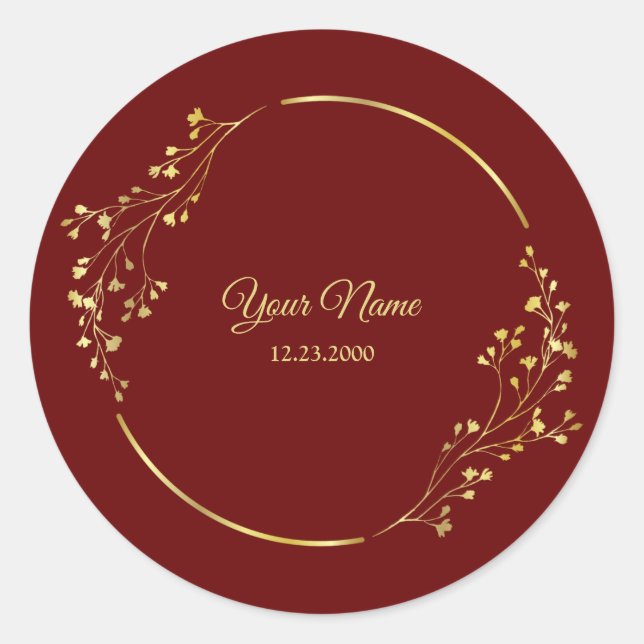 Wedding Golden Floral Geometric Wreath Red Party  Classic Round Sticker (Front)