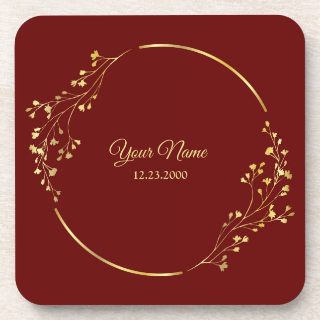 Wedding Golden Floral Geometric Wreath Red Party Coaster (Front)