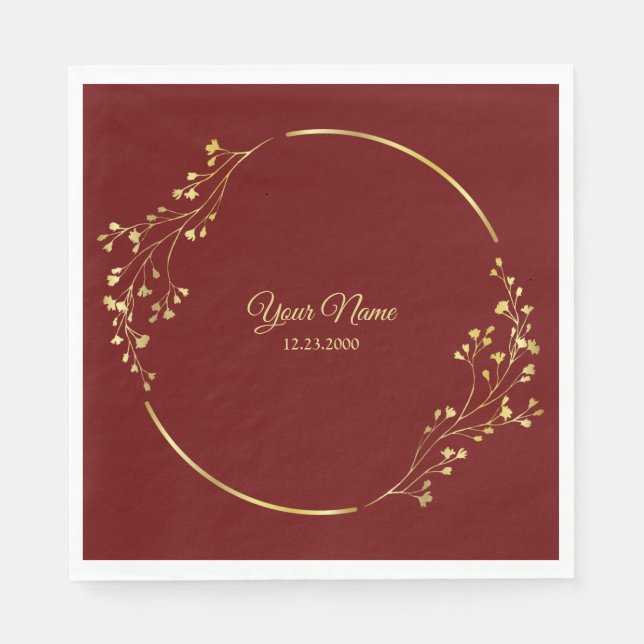 Wedding Golden Floral Geometric Wreath Red Party Napkin (Front)