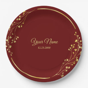 Wedding Golden Floral Geometric Wreath Red Party Paper Plate