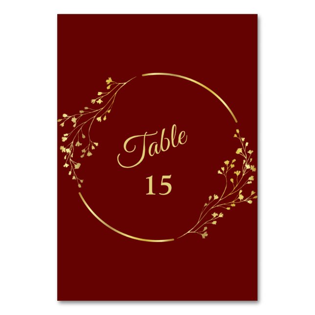 Wedding Golden Floral Geometric Wreath Red Party Table Number (Front)