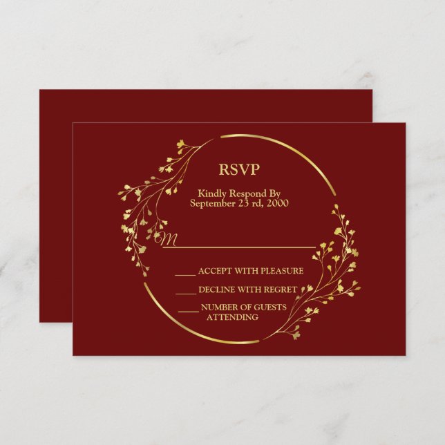 Wedding Golden Floral Geometric Wreath Red RSVP Card (Front/Back)