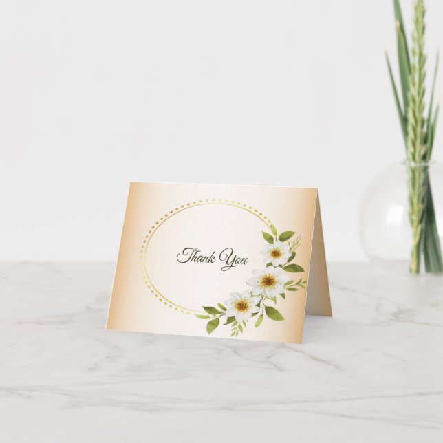 Wedding Golden Frame White Floral Peach Rustic Thank You Card (Front)