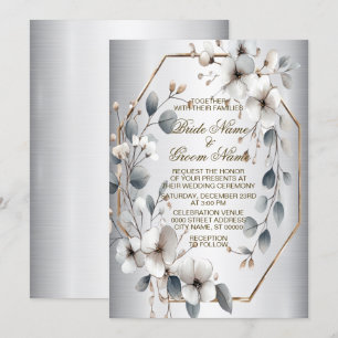 Wedding Golden Frame White Flowers Watercolor  Invitation