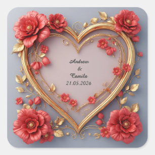 Wedding Golden Heart Frame Square Sticker