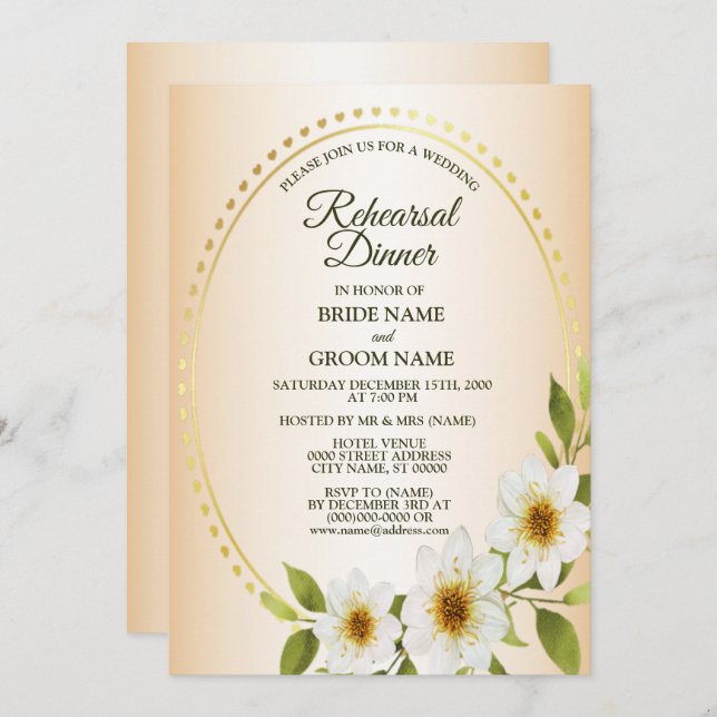 Wedding Golden White Floral Peach Rehearsal Dinner Invitation (Front/Back)