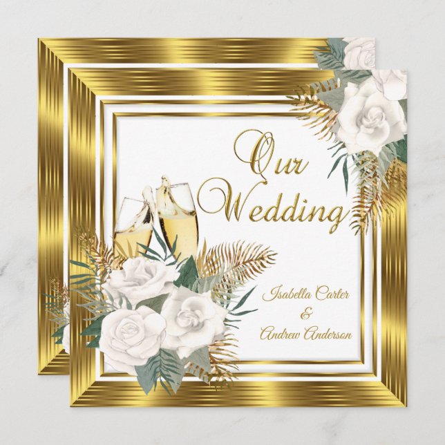 Wedding Golden White Rose Champagne Gold  Invitation (Front/Back)