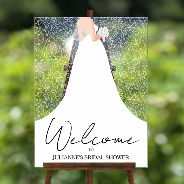 Wedding Gown and Roses Bridal Shower Acrylic Sign (Bride in her wedding gown with white rose pattern background  bridal shower acrylic welcome sign)