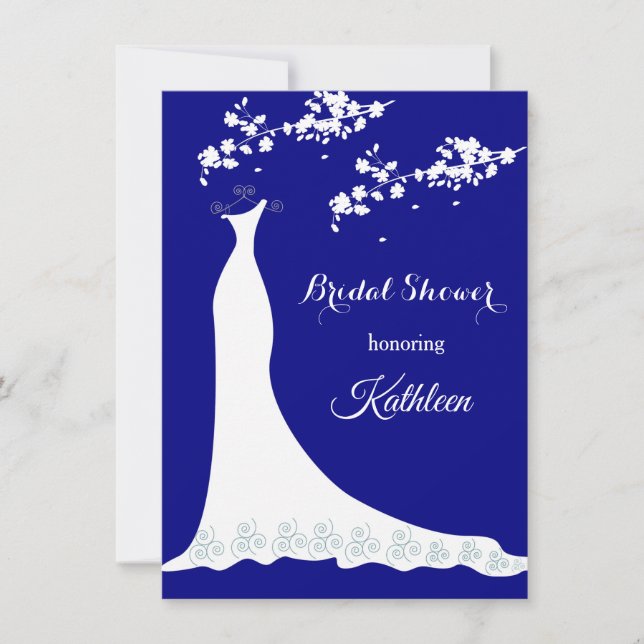 Wedding gown, blossom on navy blue, Bridal Shower Invitation (Front)