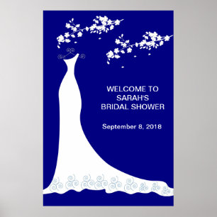 Wedding gown, blossom on navy blue poster