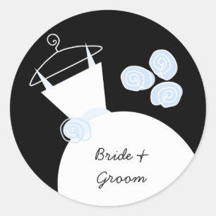 Wedding Gown Blue 'Names' round black Classic Round Sticker