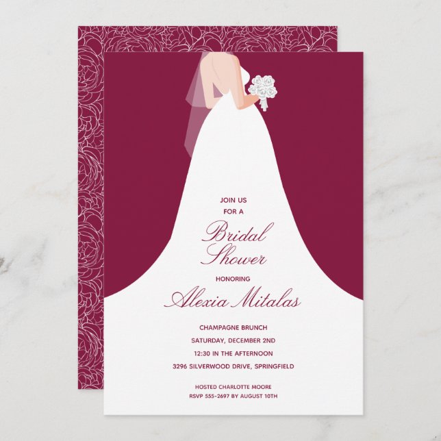 Wedding Gown Bridal Shower Cranberry Invitation (Front/Back)