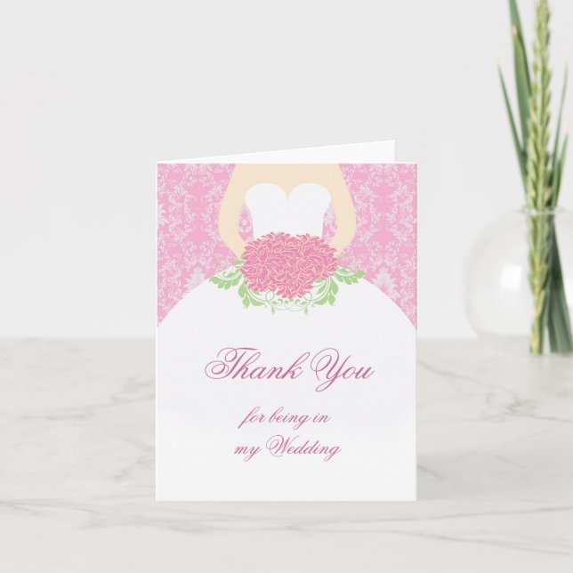Wedding gown, damask, flowers Wedding Thank you Card (Front)