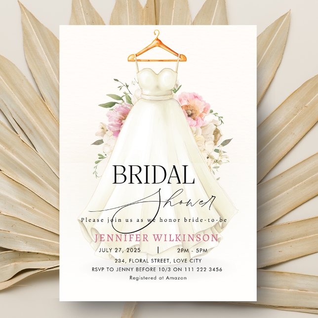 Wedding Gown Dress Pink Floral Bridal Shower Invitation (Wedding Gown Dress Pink Floral Bridal Shower Invitation)