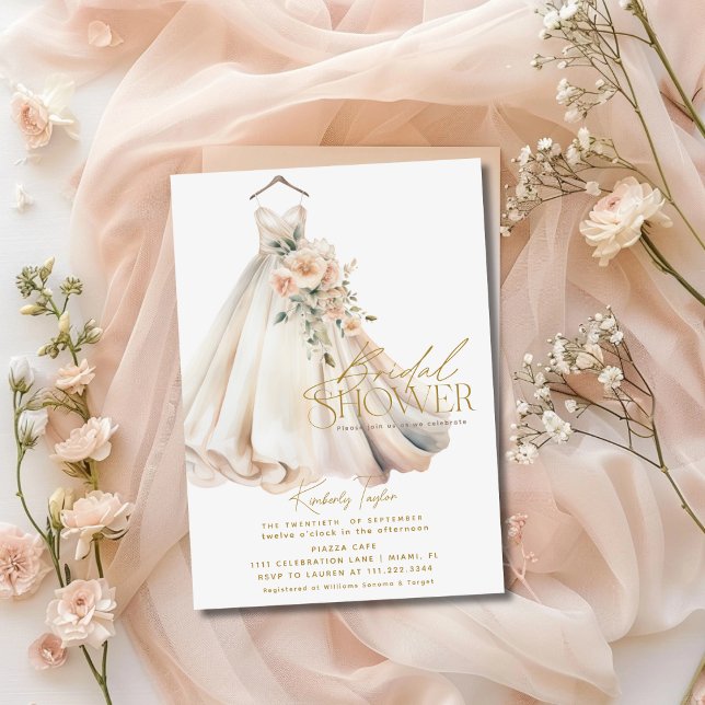 Wedding Gown Dress Pink Floral Bridal Shower Invitation (Creator Uploaded)