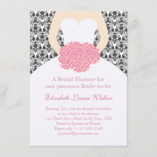 Wedding gown on floral black damask Bridal Shower Invitation