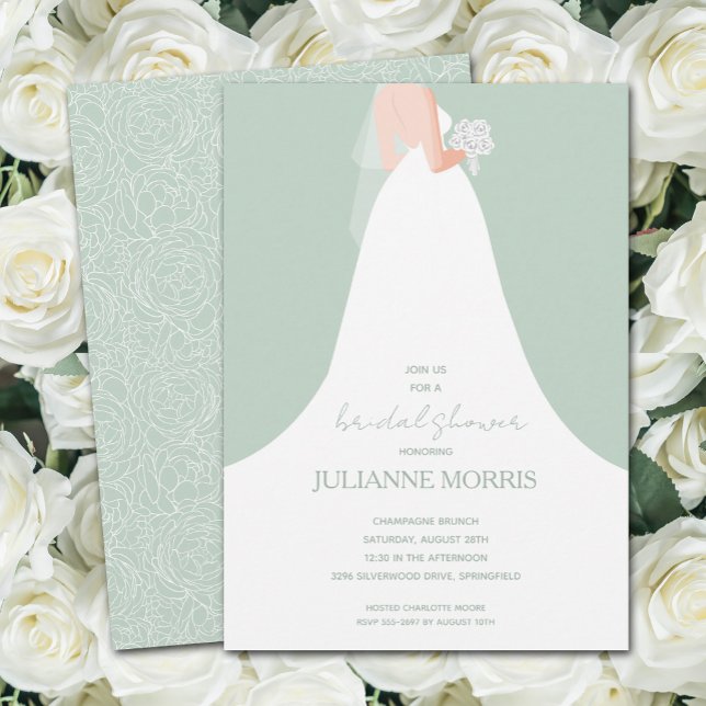 Wedding Gown on Pale Green Bridal Shower Invitation (Creator Uploaded)