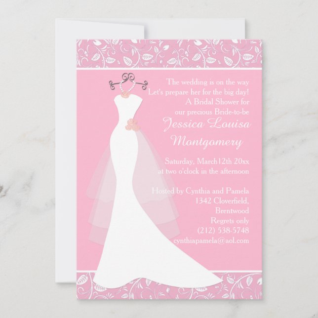 Wedding gown on pink Bridal Shower Invite (Front)