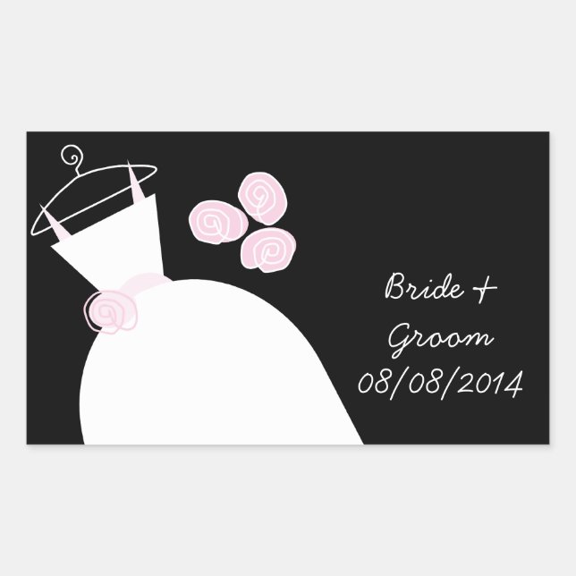 Wedding Gown Pink Bride & Groom rectangle black Rectangular Sticker (Front)