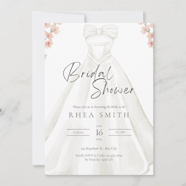Wedding Gown Pink Floral Bridal Shower Invitation (Front)