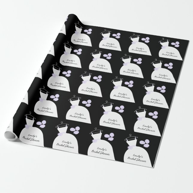 Wedding Gown Purple 'Bridal Shower' black Wrapping Paper (Unrolled)