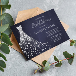 Wedding gown rustic navy bridal shower invitation