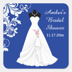 Wedding gown, swirl on royal blue Bridal Shower Square Sticker