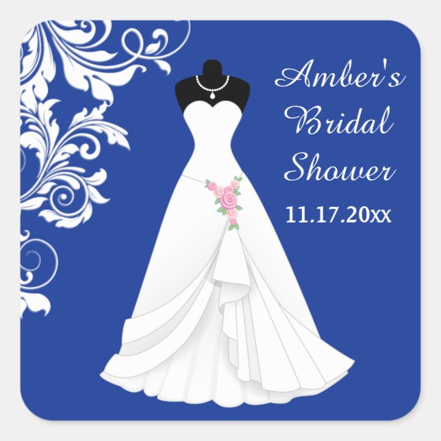 Wedding gown, swirl on royal blue Bridal Shower Square Sticker (Front)