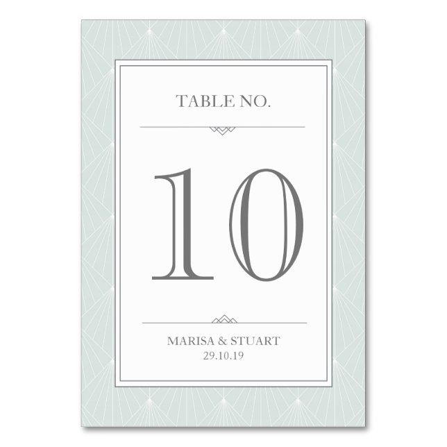 Wedding Green Art Deco Elegany Table Number Card (Front)