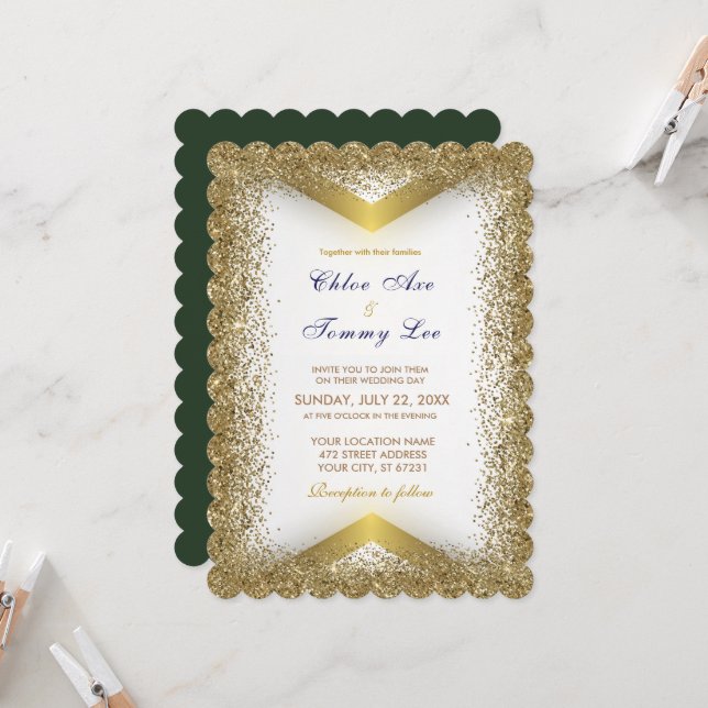 Wedding Green Gold Glitter Invitation (Front/Back In Situ)
