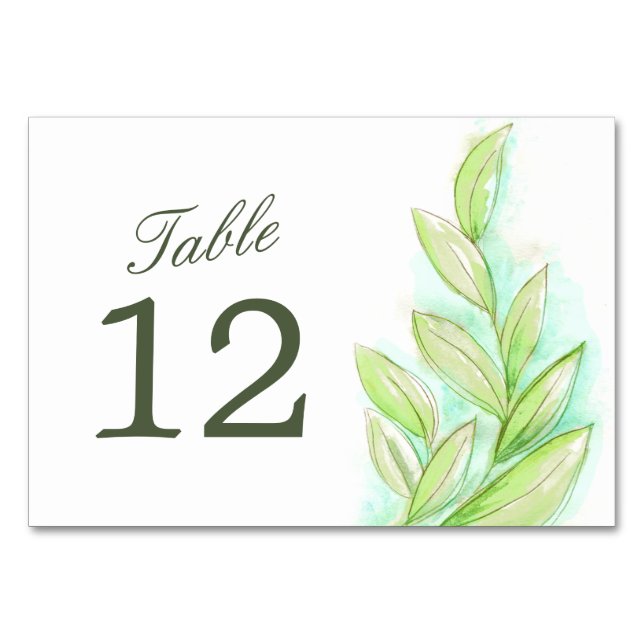Wedding green leaves watercolor table numbers (Back)