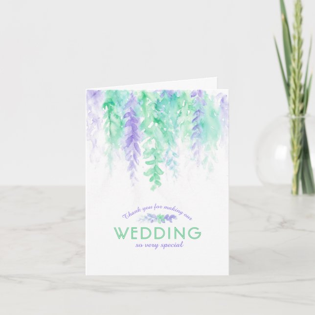 Wedding green purple flowers thank you photo card (Front)