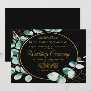 Wedding Green Teal Foliage Golden Geometric Black Invitation