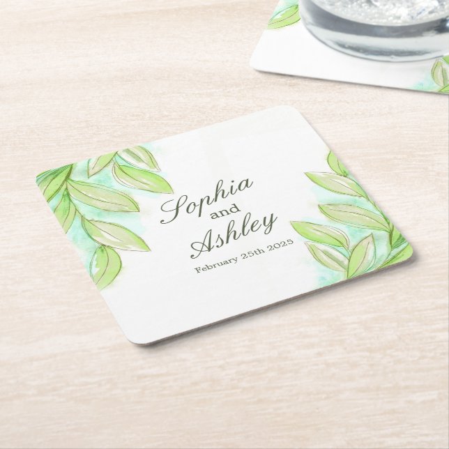 Wedding green watercolor leaves custom coasters (Angled)