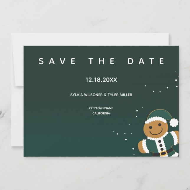Wedding Green White Gingerbread Santa Whimsical Save The Date (Front)