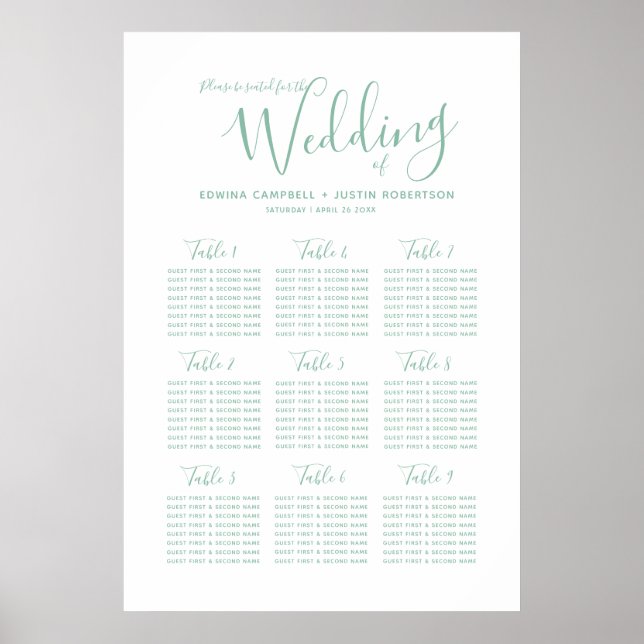 Wedding green white simple script text table plan poster (Front)