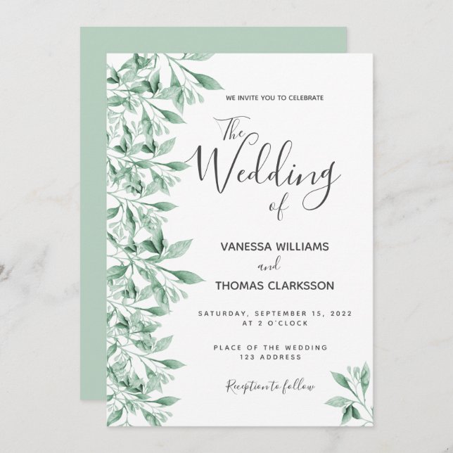 Wedding greenery botanical white script elegant invitation (Front/Back)