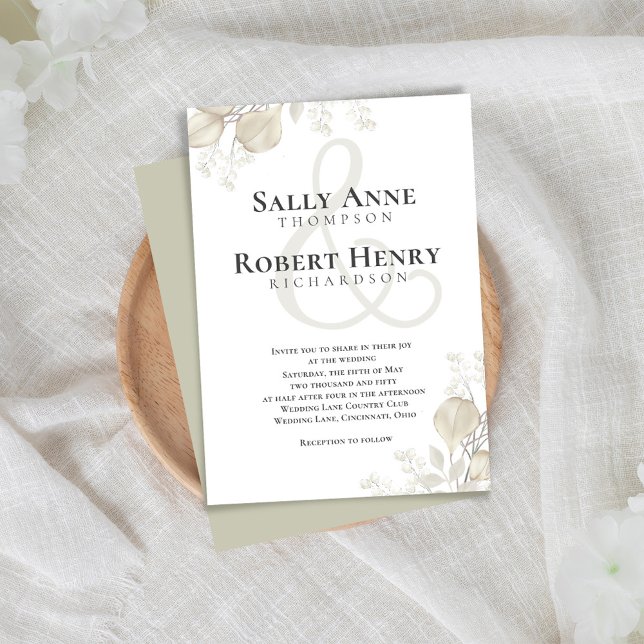 Wedding Greenery Calligraphy Script Ampersand Invitation (Simple and elegant sage green and cream foliage wedding invitation.)