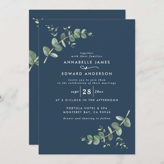 Wedding greenery Eucalyptus botanical modern blue Invitation (Front/Back)
