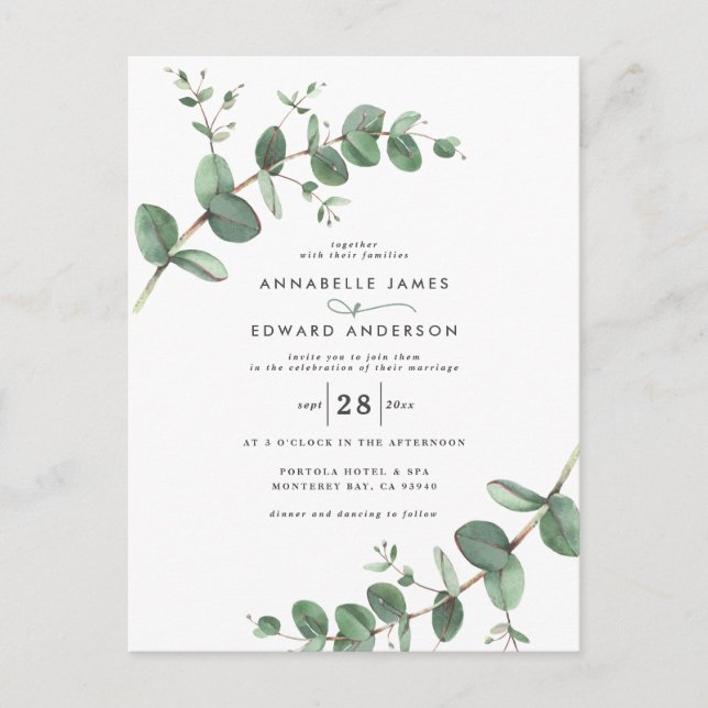 Wedding greenery Eucalyptus botanical modern Invit Postcard (Front)