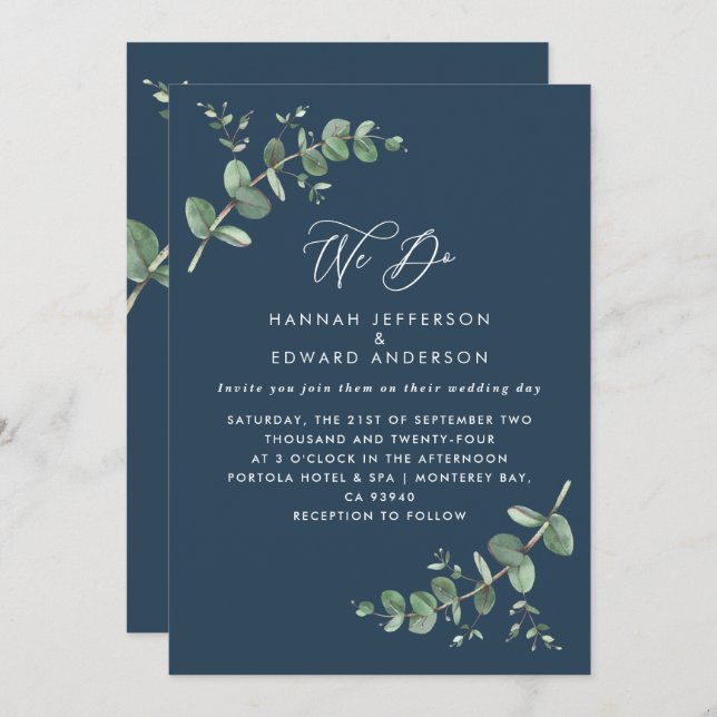 Wedding greenery Eucalyptus botanical navy blue Invitation (Front/Back)