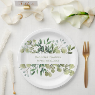 Wedding Greenery Eucalyptus Watercolor Names Date Paper Plate