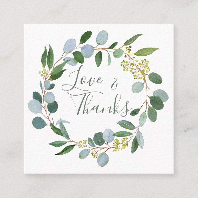 Wedding greenery, eucalyptus wreath square business card (Front)