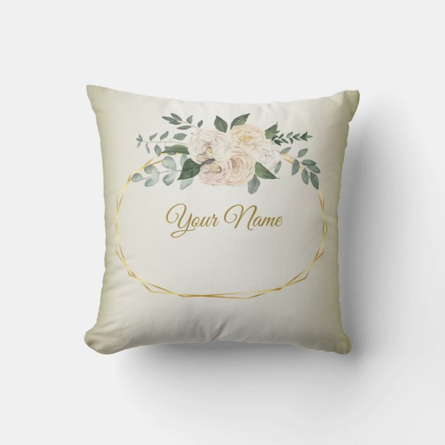 Wedding Greenery Leaves Pink Floral Gold Geometric Cushion (Front)
