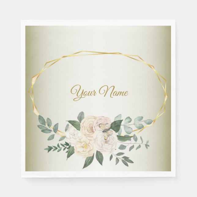 Wedding Greenery Leaves Pink Floral Gold Geometric Napkin (Front)