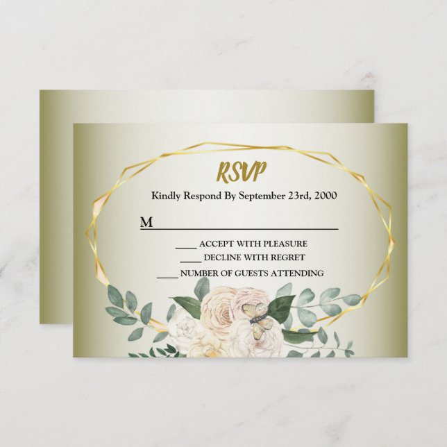 Wedding Greenery Leaves Pink Floral Gold Geometric RSVP Card (Front/Back)